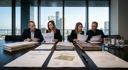 חדר דיונים משפטי יוקרתי בתל אביב בשעת ערב מוקדמת. על השולחן מונחים מסמכי "פסק בוררות - מאזן בוחן וחלוקת מניות בעסק משפחתי", לצד מאזני צדק מוזהבים וספר חוק החברות, וברקע משקף החלון את מגדלי העיר המוארים.