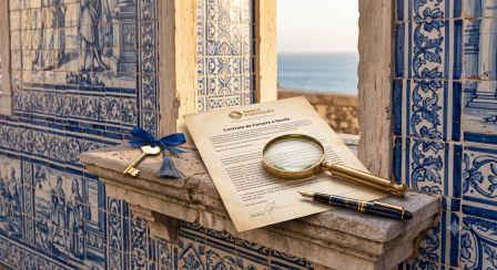 מבט מקרוב על אריחי קרמיקה כחולים מסורתיים (Azulejos) על קיר חיצוני של בניין היסטורי משופץ בליסבון. על גבי מעקה אבן בחזית מונח חוזה רכישה מודפס בפורטוגזית, עליו מונחת זכוכית מגדלת מקצועית בעלת מסגרת פליז וכלי כתיבה יוקרתי, המשקפים בדיקה קפדנית של מסמכי הטאבו.